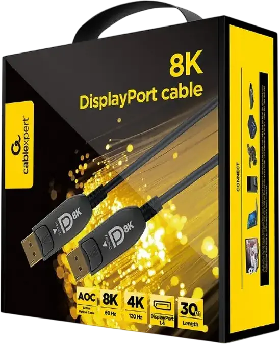 Cablexpert AOC Premium Series DisplayPort 1.4 Active Optical Cable CC-DP8K-AOC-5M, 8K@60Hz, 4K@120Hz, Gold-plated, EMI/RFI Resistant, 30m, Black