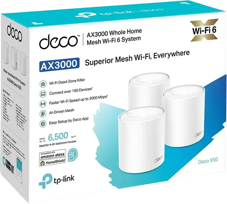 TP-Link Deco X50 AX3000 Wi-Fi 6 Mesh System, Dual-Band Gigabit Router, Up to 3.0 Gbps, AI-Driven Mesh, Seamless Roaming, HomeShield, White