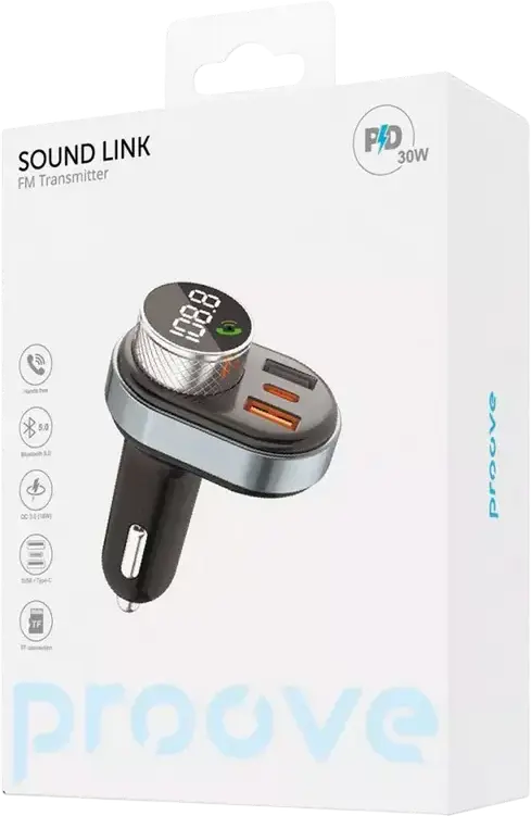 FM-модулятор Proove Sound Link с Bluetooth 5.4, автомобильный трансмиттер 30Вт, ток 3А, цветной LCD TFT дисплей, 2 порта USB Type-A, слот TF-карты, Hands-Free, черный