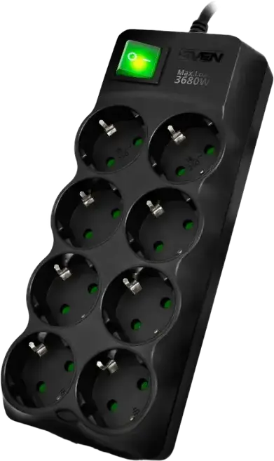 SVEN SV-021603 Surge Protection Power Strip, 8 Sockets, 16A 3680W, 1.8m Cable, Varistor Protection, ABS Plastic, Black