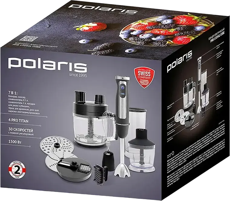 Polaris PHB1589AL Hand Blender 1500W, 30 Speed Settings, Turbo Mode, 4 PRO TITAN Stainless Steel Knife, with Chopper, Whisk, Cube and Grater Attachments