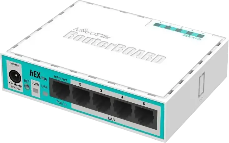 Router Ethernet MikroTik hEX lite (RB750r2), CPU QCA9533 850MHz, 64MB RAM, 16MB Flash, 5 Porturi 10/100 Mbps, RouterOS Level 4, PoE Pasiv, Alb