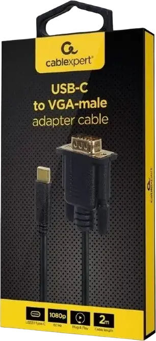 Cablexpert A-CM-VGAM-01 USB Type-C to VGA Adapter Cable, Gold-Plated Connectors, Full HD 1920x1080@60Hz Resolution, Plug and Play, Black, 0.15m