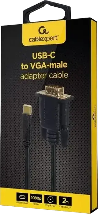Cablexpert A-CM-VGAM-01 USB Type-C to VGA Adapter Cable, Gold-Plated Connectors, Full HD 1920x1080@60Hz Resolution, Plug and Play, Black, 0.15m
