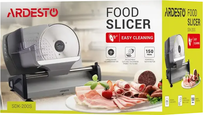 Ardesto SDK-200S Food Slicer, 150W, 190mm Stainless Steel Serrated Blade, 1-15mm Adjustable Thickness, Metal Body, Anti-slip Feet, Grey-black
