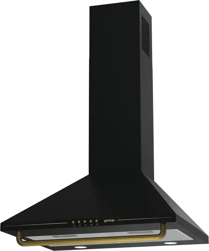 Gorenje WHC 63 CLB Decorative Wall-Mounted Hood, Black Matte with Gold Handle, 650 m3/h Max Productivity, 3 Speed Levels, LED Lighting, 60 cm