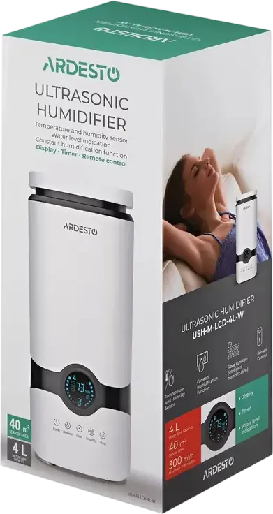 Umidificator de aer ultrasonic Ardesto USH-M-LCD-4L-W, rezervor 4L, 300ml/h, afisaj LED, telecomanda, mentenanta automata a umiditatii, alb