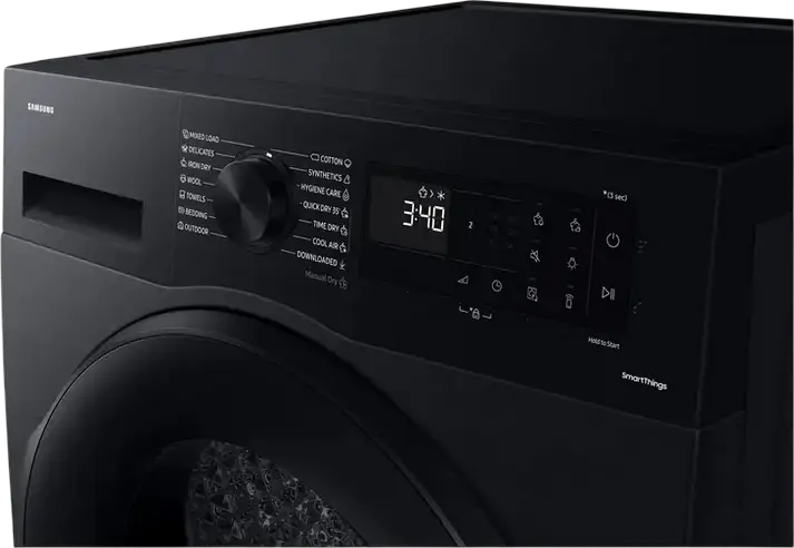 Samsung DV90CGC2A0ABUA Heat Pump Clothes Dryer, 9kg Capacity, Energy Class A+++, Black, SmartThings WiFi, 14 Programs, Front Load Freestanding
