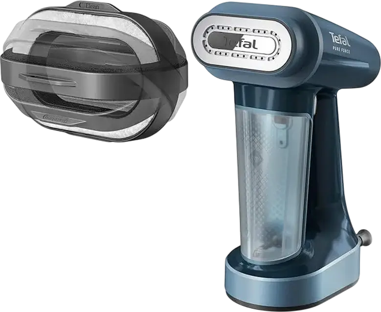 Fier de Calcat cu Abur Vertical Tefal Pure Force DT8755E0 3-in-1, Putere 1800W, Talpa Ceramica, Rezervor Detasabil 180ml, Albastru
