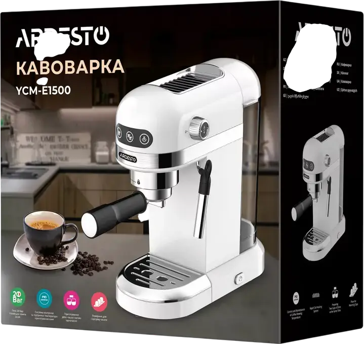 Aparat de cafea Espresso Ardesto YCM-E1500, 1350W, Pompa Italiană ULKA 20 Bar, Rezervor 1.4L, Control PID Ecran Tactil, Spumator Lapte, Alb
