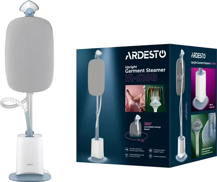 Ardesto IR-S18B Upright Garment Steamer, 1800W, 1800ml Water Tank, 37g/min Steam, Stainless Steel Soleplate, 6 Steam Modes, Height-Adjustable Stand