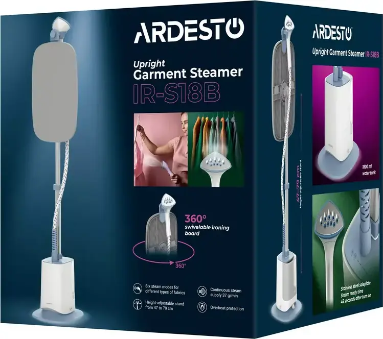 Ardesto IR-S18B Upright Garment Steamer, 1800W, 1800ml Water Tank, 37g/min Steam, Stainless Steel Soleplate, 6 Steam Modes, Height-Adjustable Stand