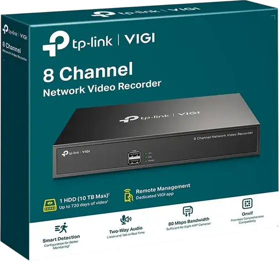 TP-Link VIGI NVR1008H 8-Channel Network Video Recorder, 4K HDMI Output, H.265+ Compression, 8MP Recording, 1x SATA up to 16TB, ONVIF, Black