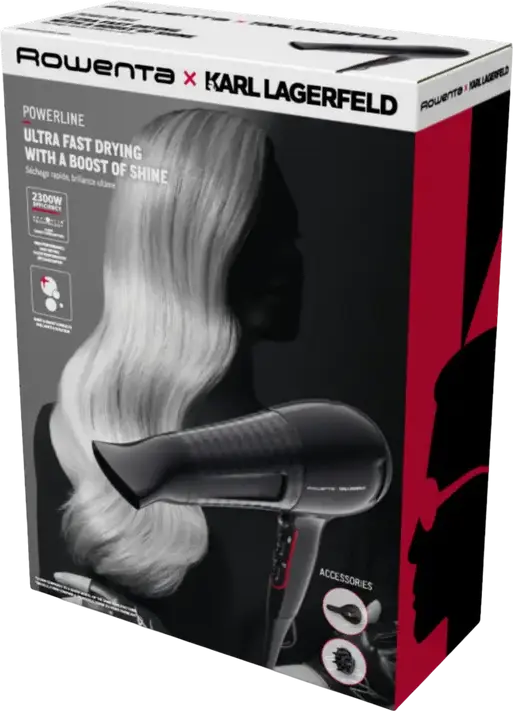 Фен для волос Rowenta Karl Lagerfeld Powerline 3 CV591LF0, 2100 Вт, Ionic Booster, холодный обдув, диффузор и концентратор, черный