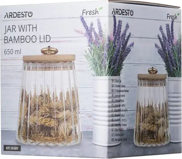 Borchcan de depozitare alimentar Ardesto AR1365BV Fresh Vintage din sticlă borosilicată cu capac de bambus, 650 ml, Transparent, Compatibil cu mașina de spălat vase