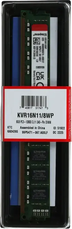 Memorie RAM Kingston ValueRAM KVR16N11/8WP 8GB DDR3 1600MHz PC3-12800 pentru Desktop 240-Pin DIMM CL11 1.5V Dual-Rank
