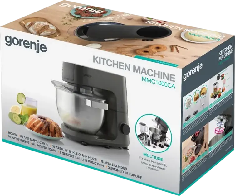 Robot de Crama Planetar Gorenje MMC1000CA, 1000W, Bol Inox 6L, 6 Viteze, cu Blender, Masina de Carne si Accesorii, Negru
