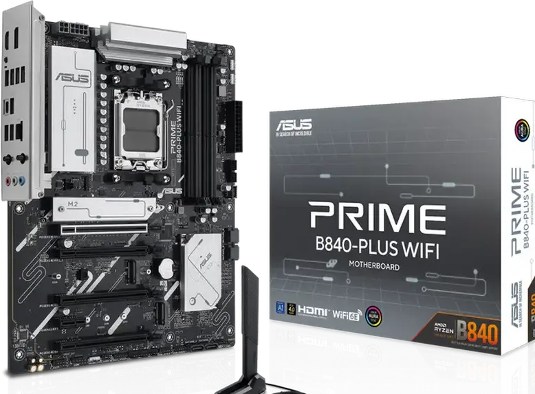 ASUS PRIME B840-PLUS WIFI Motherboard AM5 AMD B840 ATX DDR5 7600+ MT/s PCIe 4.0 Wi-Fi 6E Bluetooth 5.3 Realtek 2.5Gb Ethernet for Ryzen 9000 8000 7000