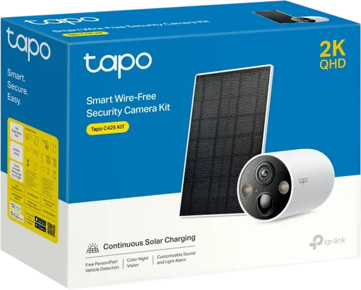 TP-Link Tapo C425 KIT Smart Wire-Free Security Camera Kit, 2K QHD Resolution, 10,000mAh Battery with Solar Panel, AI Person/Pet/Vehicle Detection, IP66 Weatherproof, Two-Way Audio, White