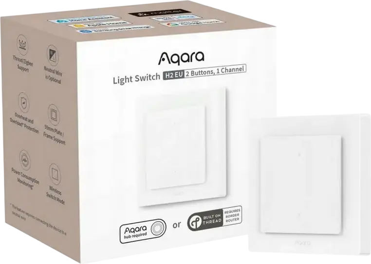 Aqara Light Switch H2 EU WS-K4070 Smart Switch, Matter over Thread, Zigbee, Bluetooth, Neutral/No-Neutral Wiring, Power Monitoring, White
