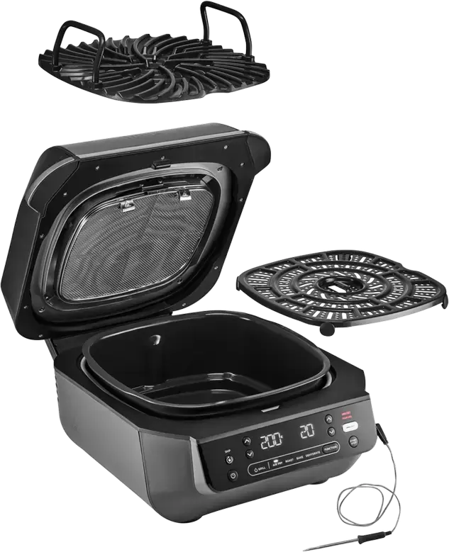 Gril Electric și Friteuză cu Aer Ninja Foodi EG351EU 5-în-1, 1760W, Capacitate 5.7L, Sistem Smart Cook, Tehnologie Cyclonic Air, Termometru Digital, Negru/Argintiu