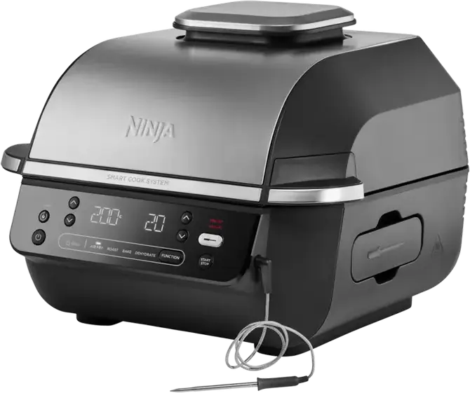 Gril Electric și Friteuză cu Aer Ninja Foodi EG351EU 5-în-1, 1760W, Capacitate 5.7L, Sistem Smart Cook, Tehnologie Cyclonic Air, Termometru Digital, Negru/Argintiu