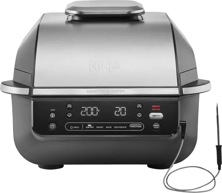 Gril Electric și Friteuză cu Aer Ninja Foodi EG351EU 5-în-1, 1760W, Capacitate 5.7L, Sistem Smart Cook, Tehnologie Cyclonic Air, Termometru Digital, Negru/Argintiu