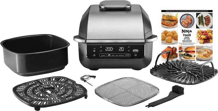 Gril Electric și Friteuză cu Aer Ninja Foodi EG351EU 5-în-1, 1760W, Capacitate 5.7L, Sistem Smart Cook, Tehnologie Cyclonic Air, Termometru Digital, Negru/Argintiu