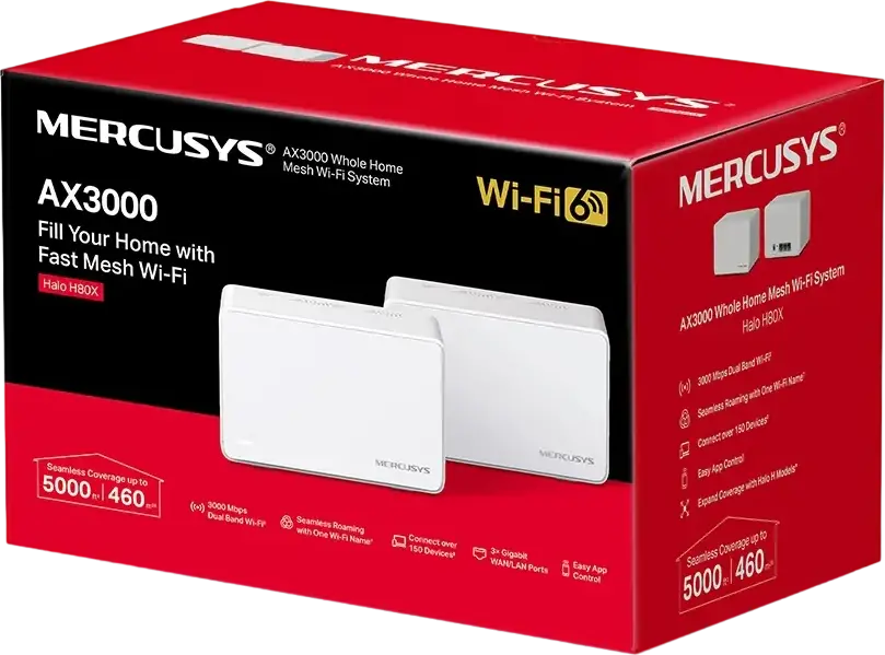 Mercusys Halo H80X AX3000 Wi-Fi 6 Mesh System, 2-pack, Dual-Band 3000 Mbps, Seamless Roaming, Gigabit Ports, MU-MIMO, OFDMA, 160 MHz, Parental Controls
