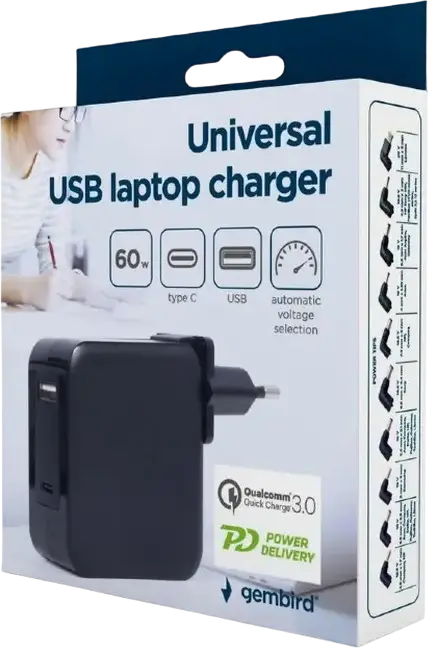 carotid Gembird NPA-PD60-01 Incarcator Universal USB Laptop 60W Power Delivery PD si Quick Charge 3.0 Porturi USB-C si USB-A Negru