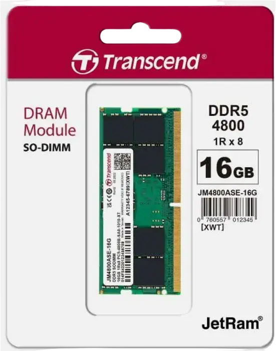 Transcend JetRam JM4800ASE-16G 16GB DDR5 4800MHz PC5-38400 SO-DIMM Laptop Memory RAM, CL40, 1.1V, On-die ECC, 262-Pin