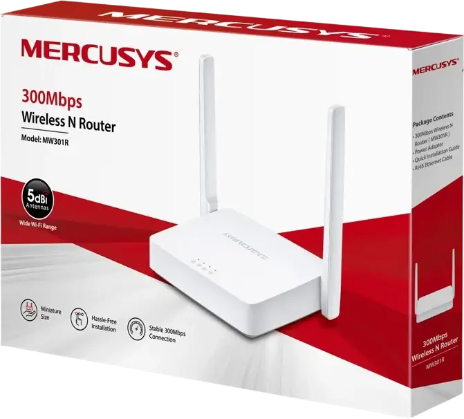 Mercusys MW301R Wireless N Router 300 Mbps, 2.4 GHz, 2x5dBi Antennas, Router/AP/Range Extender/WISP Modes, Parental Control, IPv6, IPTV, White