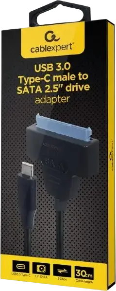 Адаптер Cablexpert AUS3-03 USB 3.0 Type-C — SATA для HDD SSD 2.5", скорость передачи данных 5 Гбит/с, SATA-2 3 Гбит/с, Plug & Play, 30 см, черный