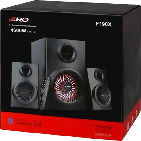 Sistem Preserve Multimedia F&D F190X 2.1, Putere 46W RMS, Bluetooth 5.0, Radio FM, Ecran LCD, Efecte LED, Material MDF, Subwoofer și Sateliți, Negru