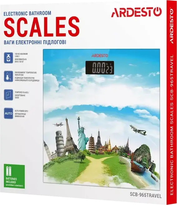 Cantar Electronic de Baie Ardesto SCB-965TRAVEL, Capacitate 150kg, Precizie 50g, Sticla Temperata 30x30cm, Display LED, Termometru Incorporat