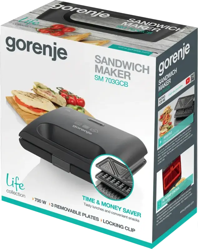 Gorenje SM703GCB Sandwich Maker Multifunctional 3-in-1 si Grill, 700W, Placi Detachable din Aluminiu cu Inarcare Non-stick pentru Sandvicuri, Gofruri si Grill, Negru