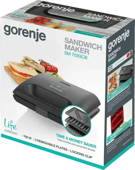 Gorenje SM703GCB Sandwich Maker Multifunctional 3-in-1 si Grill, 700W, Placi Detachable din Aluminiu cu Inarcare Non-stick pentru Sandvicuri, Gofruri si Grill, Negru