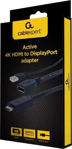 Активный видеоадаптер Cablexpert A-HDMIM-DPF-01 HDMI (папа) - DisplayPort (мама), 4K UHD @30Hz, питание USB, позолоченные коннекторы, черный, 0.1м