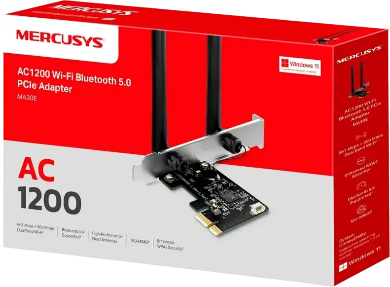 Mercusys MA30E AC1200 Dual Band PCIe Wireless Adapter, 1167 Mbps Wi-Fi, Bluetooth 5.0, MU-MIMO, OFDMA, WPA3 Security, 2 High-Gain Antennas