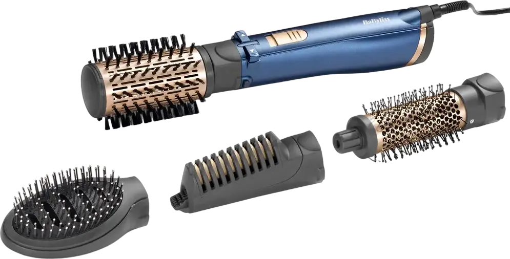 BaByliss AS965E Style Pro 1000 Rotating Hot Air Brush Airstyler, 1000W Ceramic Coating with Ionization and Cool Shot, Blue, includes 3 Nozzles