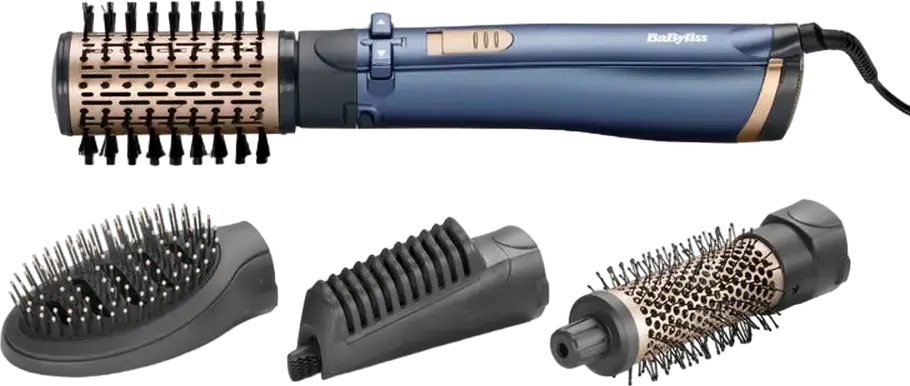 BaByliss AS965E Style Pro 1000 Rotating Hot Air Brush Airstyler, 1000W Ceramic Coating with Ionization and Cool Shot, Blue, includes 3 Nozzles