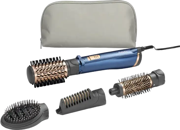 BaByliss AS965E Style Pro 1000 Rotating Hot Air Brush Airstyler, 1000W Ceramic Coating with Ionization and Cool Shot, Blue, includes 3 Nozzles