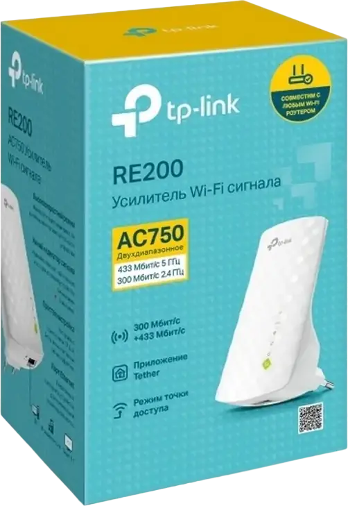 Extensor de Semnal Wi-Fi TP-Link RE200 AC750, Dual Band 2.4GHz 300Mbps și 5GHz 433Mbps, Suport OneMesh/EasyMesh, Port Ethernet, Mod Access Point, Alb