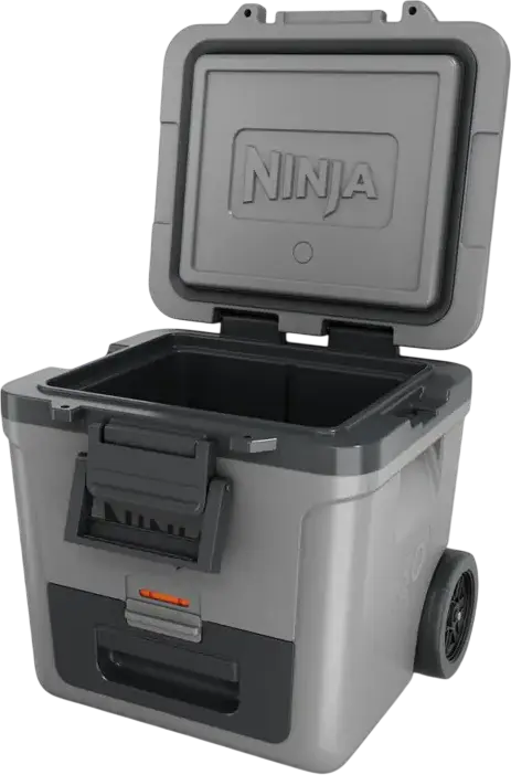 Cooler Pasiv cu Roți Ninja FrostVault FB230EUGY, Capacitate 28L, Retenție Gheață 5 Zile, Roți All-Terrain, Mâner Telescopic, Zonă Uscată, Gri