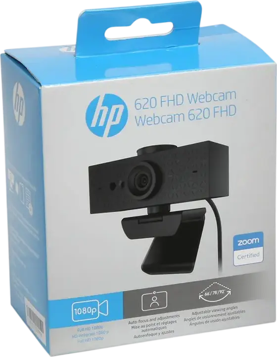 HP 620 FHD Webcam 1080p Full HD, 4MP Sensor, Autofocus, Adjustable FOV (66°/78°/92°), Windows Hello Face Auth, Dual Noise-Reducing Mics, Privacy Cover, Black