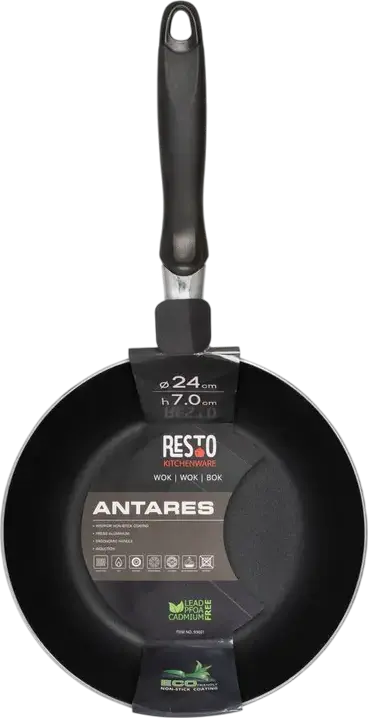 Resto Antares 93601 Wok Pan, 24 cm, Pressed Aluminum with PFLUON Non-Stick Coating, Induction Compatible, Bakelite Handle, Black