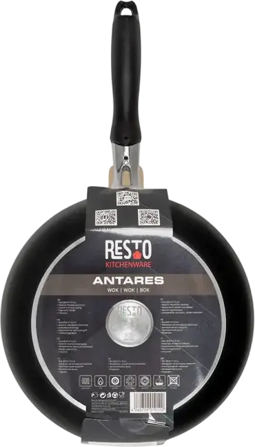 Resto Antares 93601 Wok Pan, 24 cm, Pressed Aluminum with PFLUON Non-Stick Coating, Induction Compatible, Bakelite Handle, Black