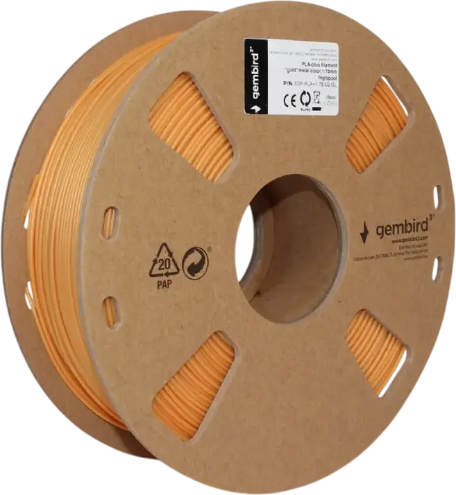 Filament 3D Gembird 3DP-PLA+1.75-02-G PLA+, Culoare Auriu, Diametru 1.75 mm, Greutate Neta 1 kg, Temperatura de Printare 195-235 grade C, Bobina Reciclabila din Carton