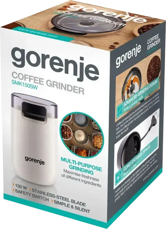 Râșniță de cafea Gorenje SMK150SW, Lame rotative din oțel inoxidabil 150W, Capacitate 45g, Protecție supraîncălzire și siguranță capac, Albă