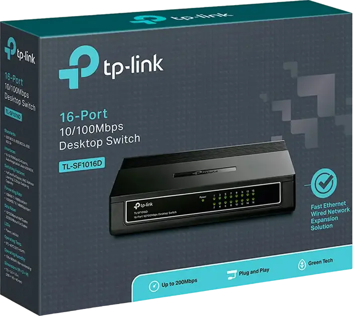 TP-Link TL-SF1016D 16-Port 10/100Mbps Unmanaged Desktop Switch, Auto-MDI/MDIX, Green Ethernet Energy Efficient, Plug and Play, Wall-Mountable, Black